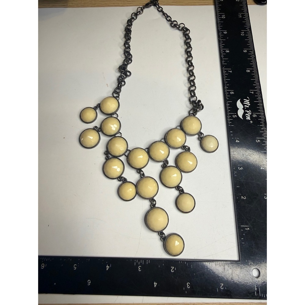 Cream Resin Cabochon Bib Statement Necklace Gunmetal Tiered Drop Link Chain